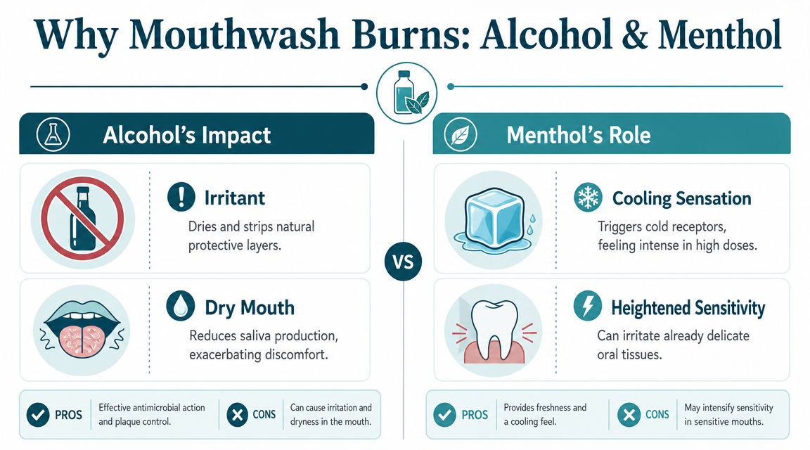An infographic explaining why mouthwash causes a burning sensation due to alcohol and menthol ingredients.