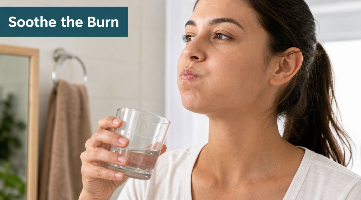 A young woman holding a glass of water while preparing to rinse her mouth in a bathroom.