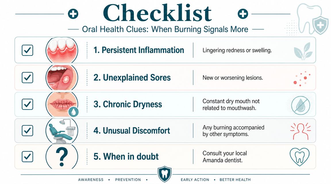 A checklist infographic listing five oral health signs to watch for, including inflammation, sores, and dry mouth.