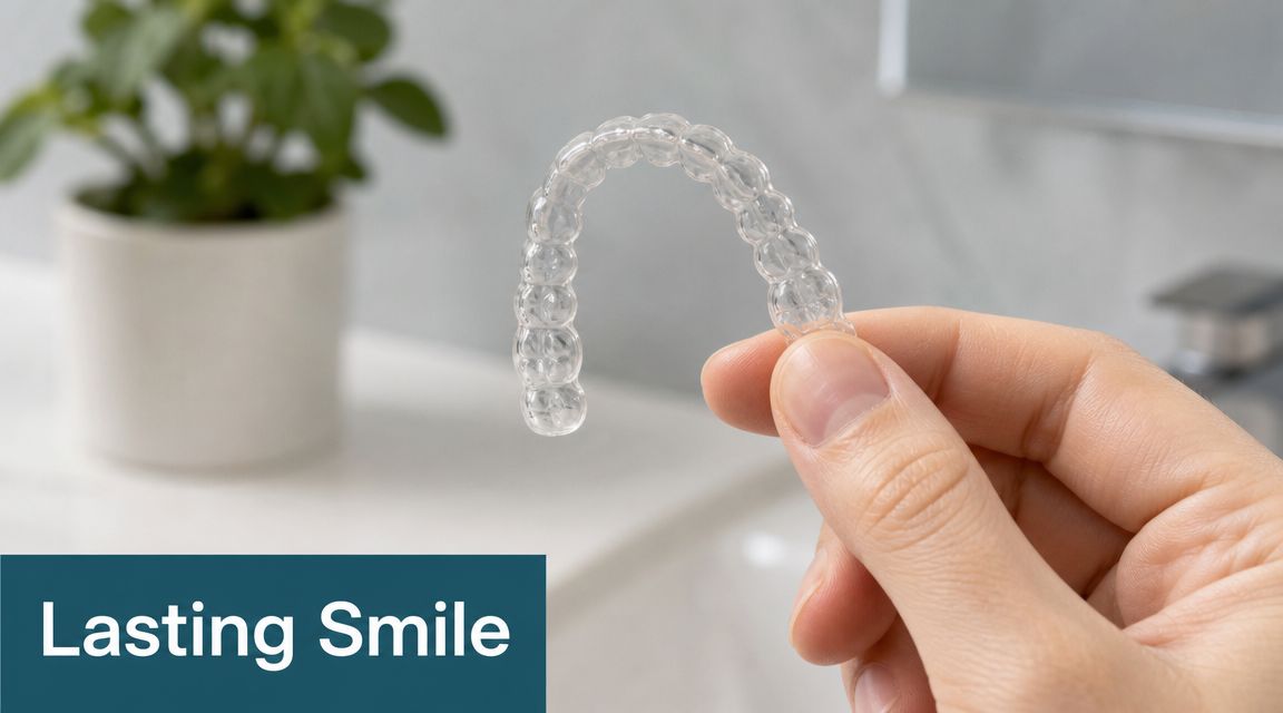 A hand holding a clear plastic orthodontic aligner tray with a blurred background showing a plant.
