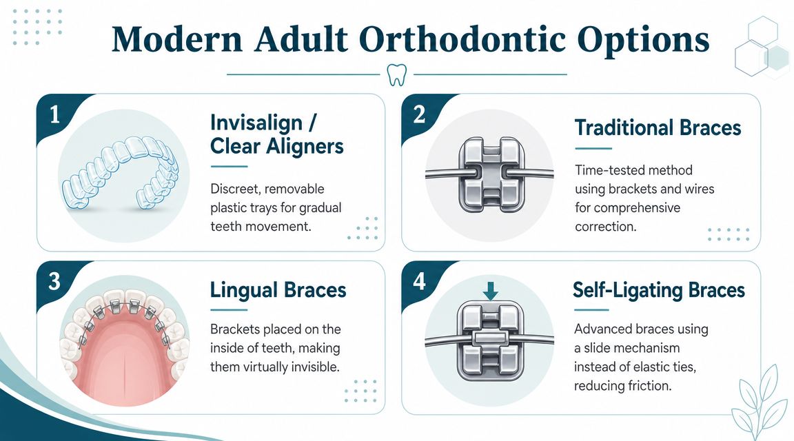 An infographic detailing four modern adult orthodontic options including clear aligners, traditional, lingual, and self-ligating braces.