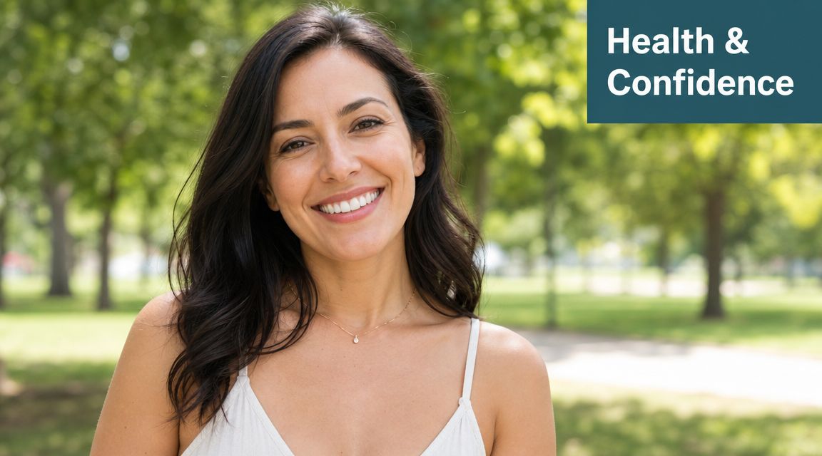 A confident woman with a bright, healthy smile standing outdoors in a lush, green park.