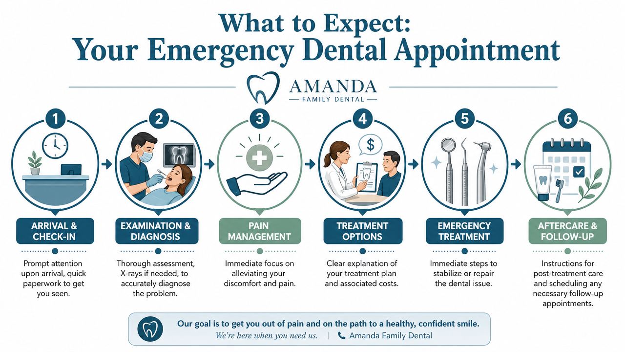 An infographic detailing the six steps of an emergency dental appointment process at Amanda Family Dental.