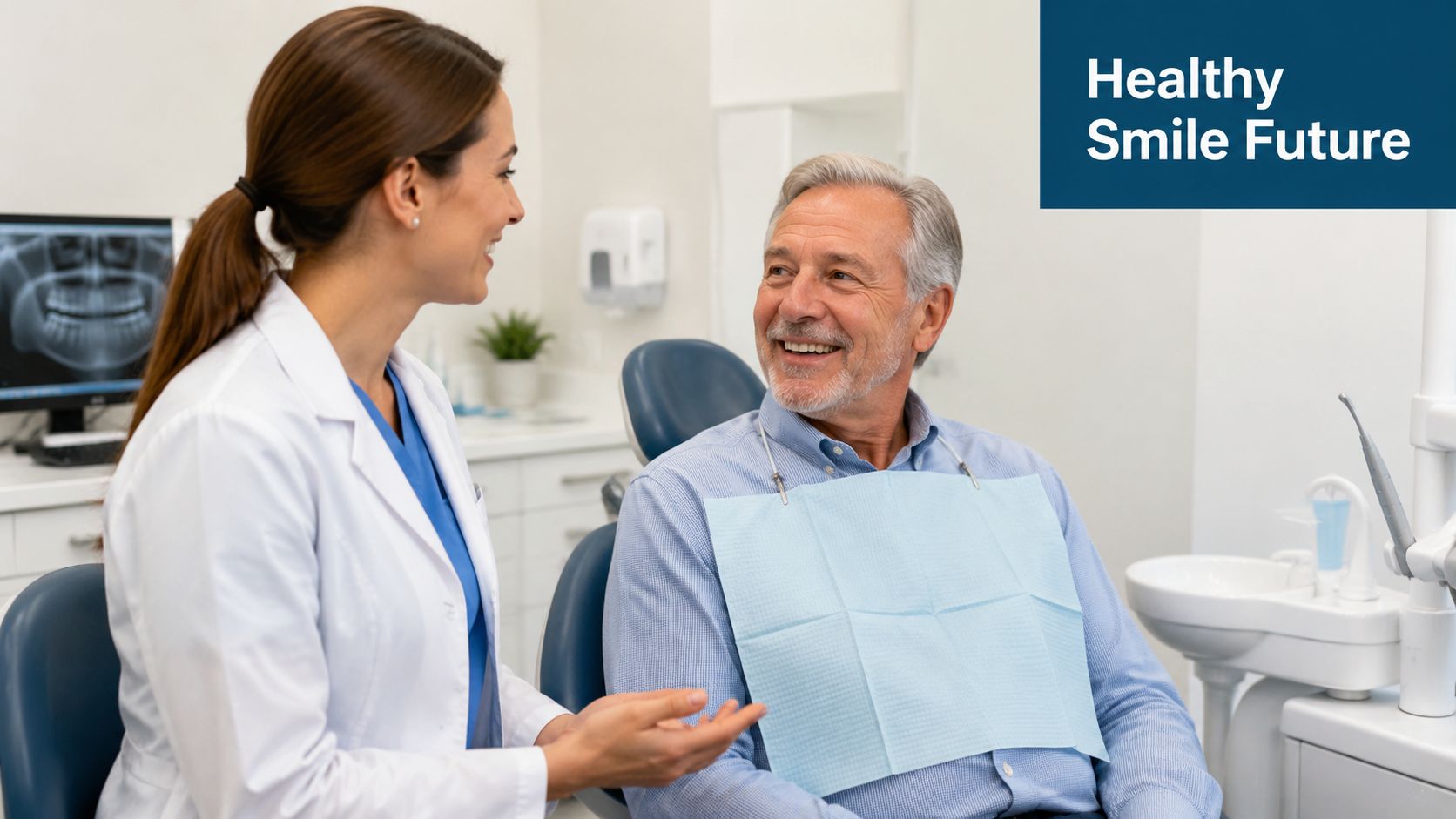 A professional dentist speaking kindly to an elderly male patient sitting in a dental office chair.