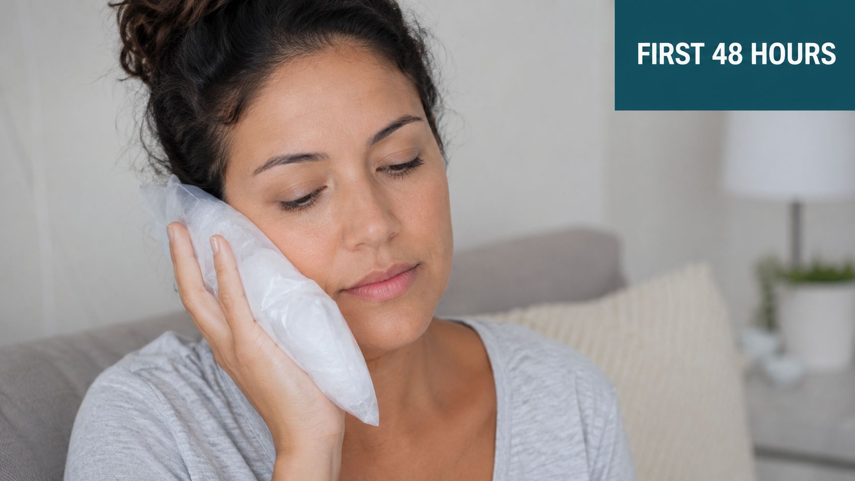 A young woman applying an ice pack to her cheek to manage pain after a dental procedure.