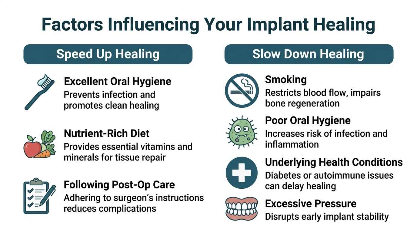 An infographic showing factors that speed up or slow down dental implant healing processes.