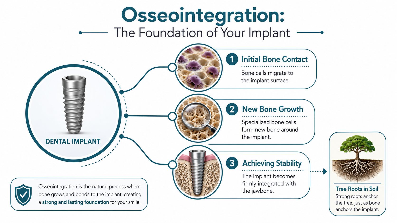 A visual guide explaining the osseointegration process of a dental implant through three distinct biological growth stages.