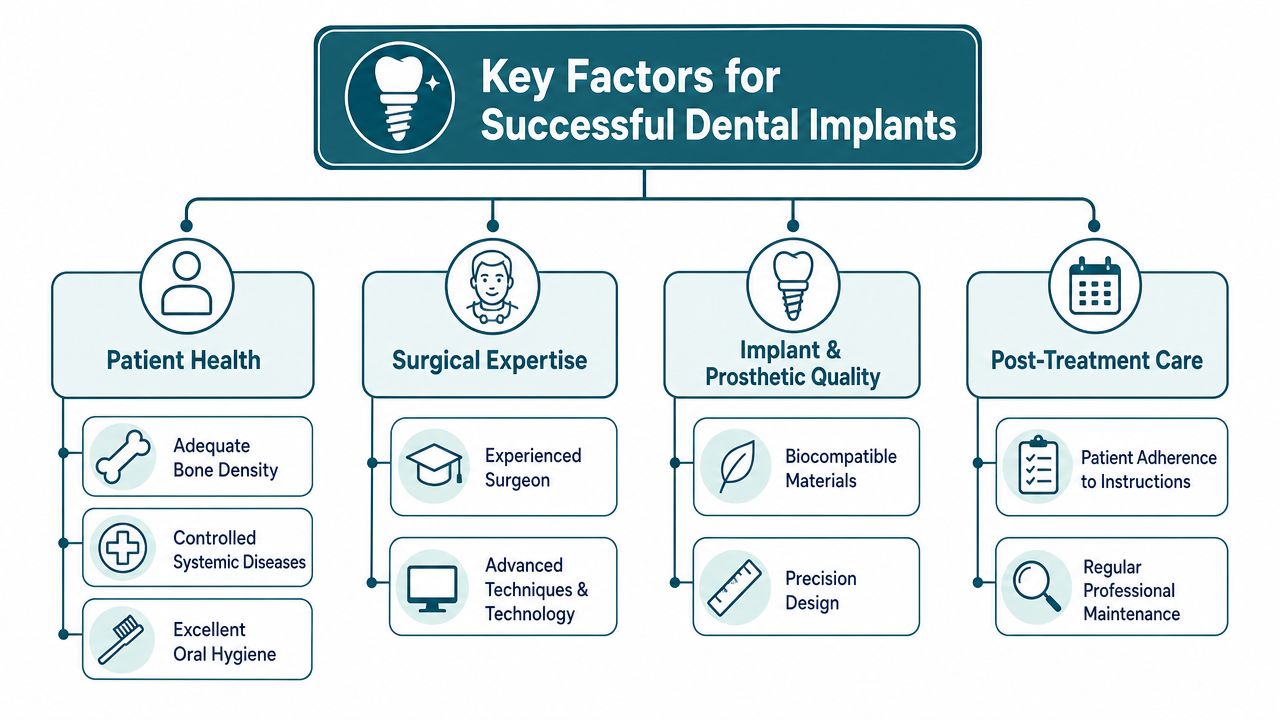 A diagram outlining key factors for successful dental implants including patient health, surgical expertise, and care.