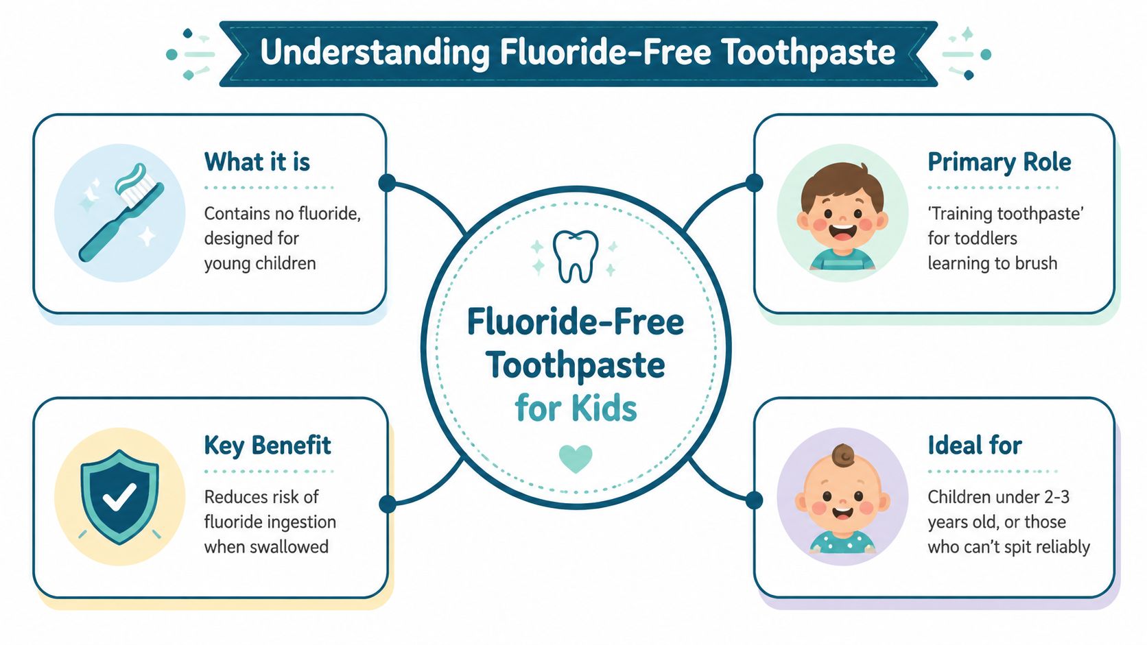 An infographic explaining the benefits and uses of fluoride-free toothpaste for young children learning to brush.