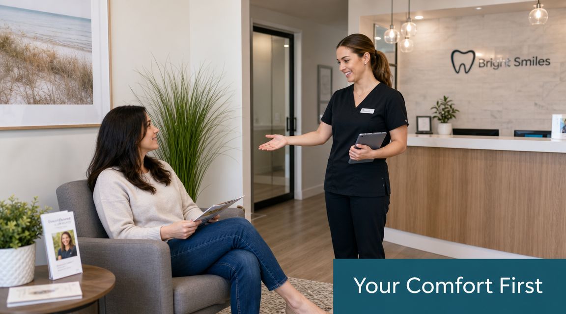 A friendly dental receptionist greets a patient in a modern, comfortable office waiting room environment.