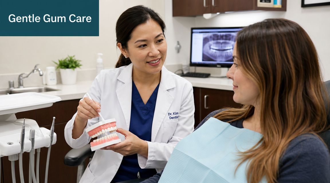 A female dentist explaining dental health to a patient using a model of teeth in a clinic.