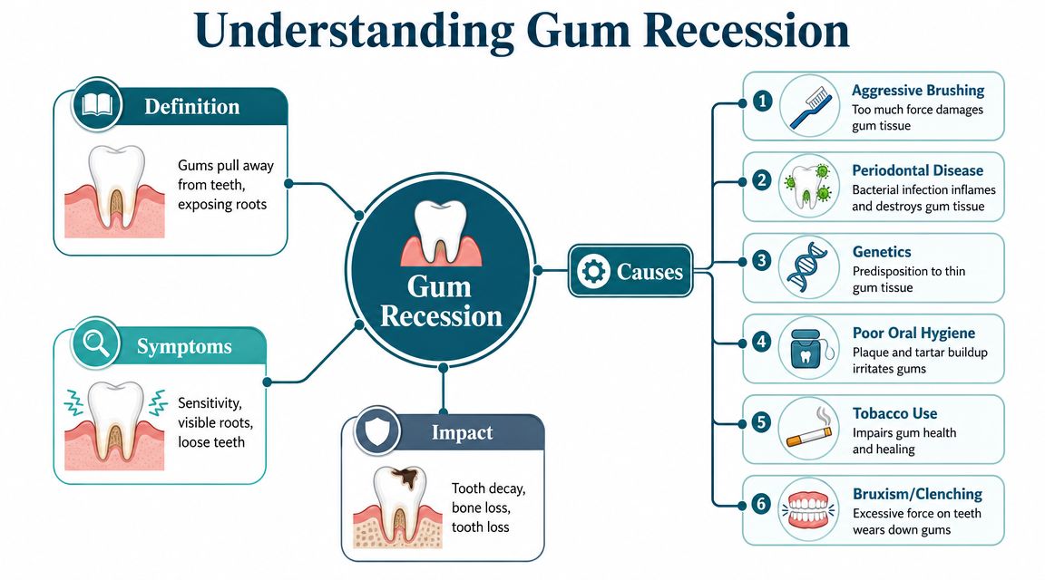 An infographic titled Understanding Gum Recession outlining definitions, symptoms, impacts, and six main causes for the condition.