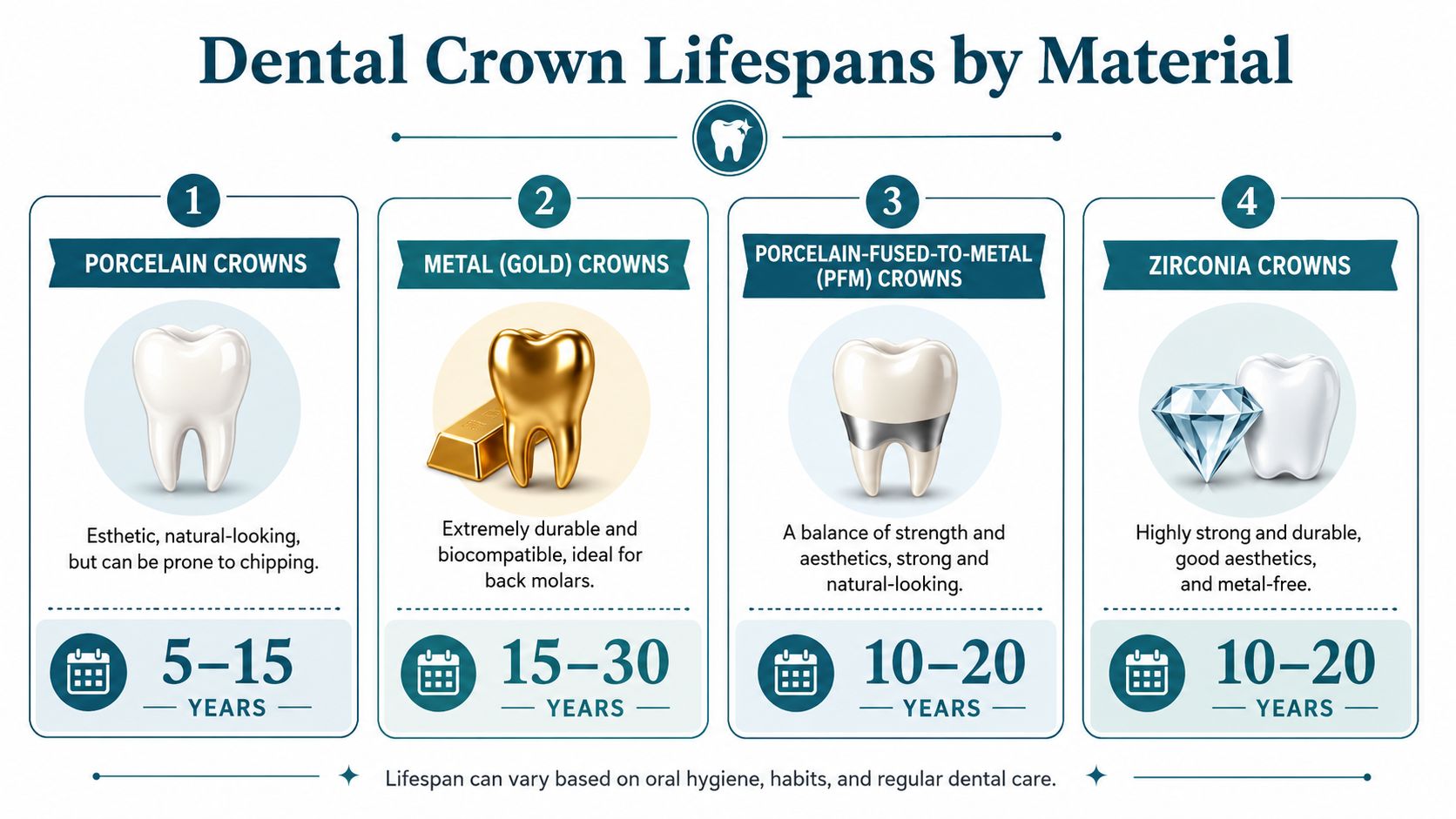 An infographic showing the estimated lifespans of various dental crown materials, including porcelain, gold, PFM, and zirconia.