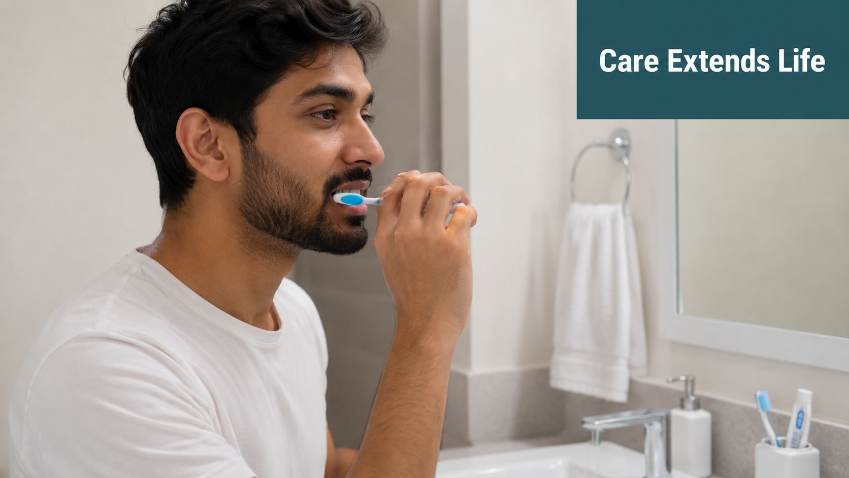 A young man with a beard brushing his teeth in a bathroom mirror with a blue toothbrush.