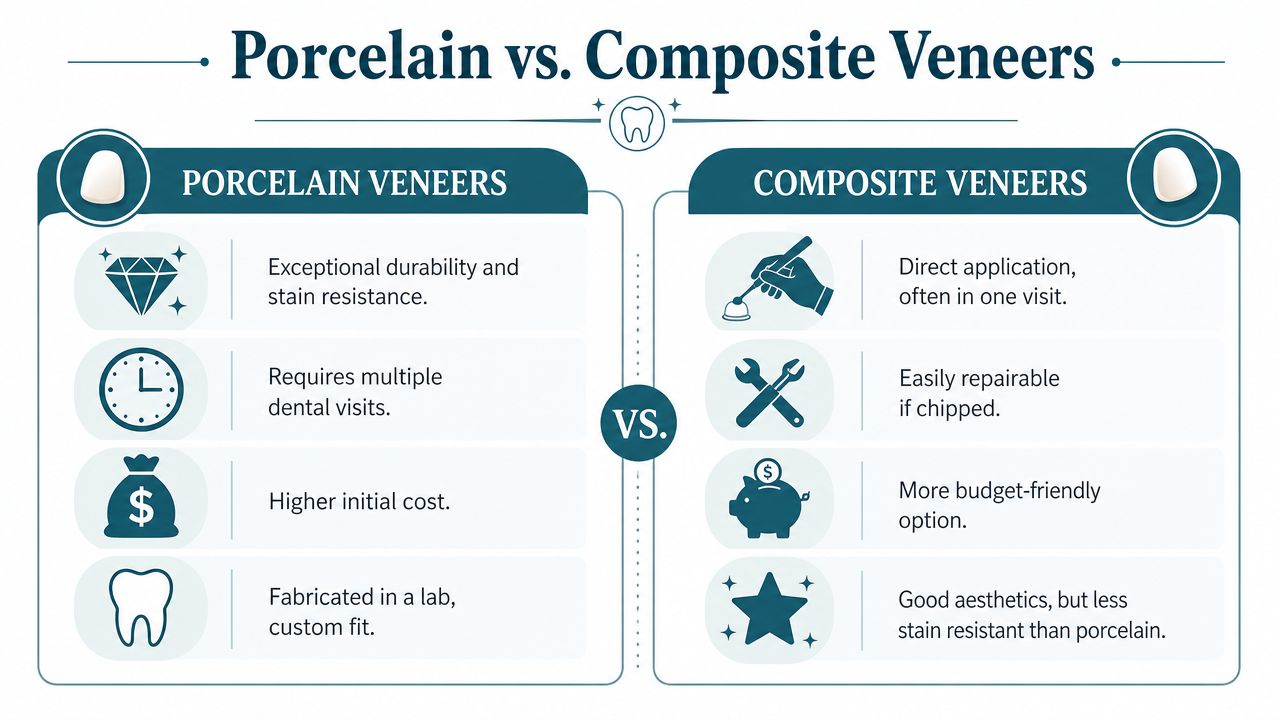 A comparison chart outlining the pros and cons of porcelain veneers versus composite dental veneers.