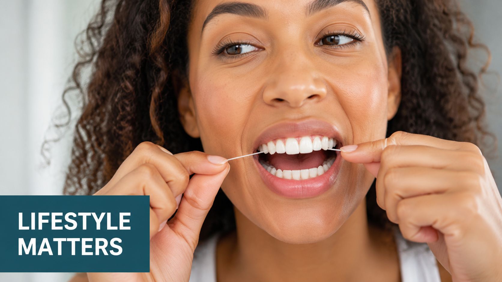 A smiling woman with beautiful healthy teeth using dental floss for oral hygiene in a bathroom.