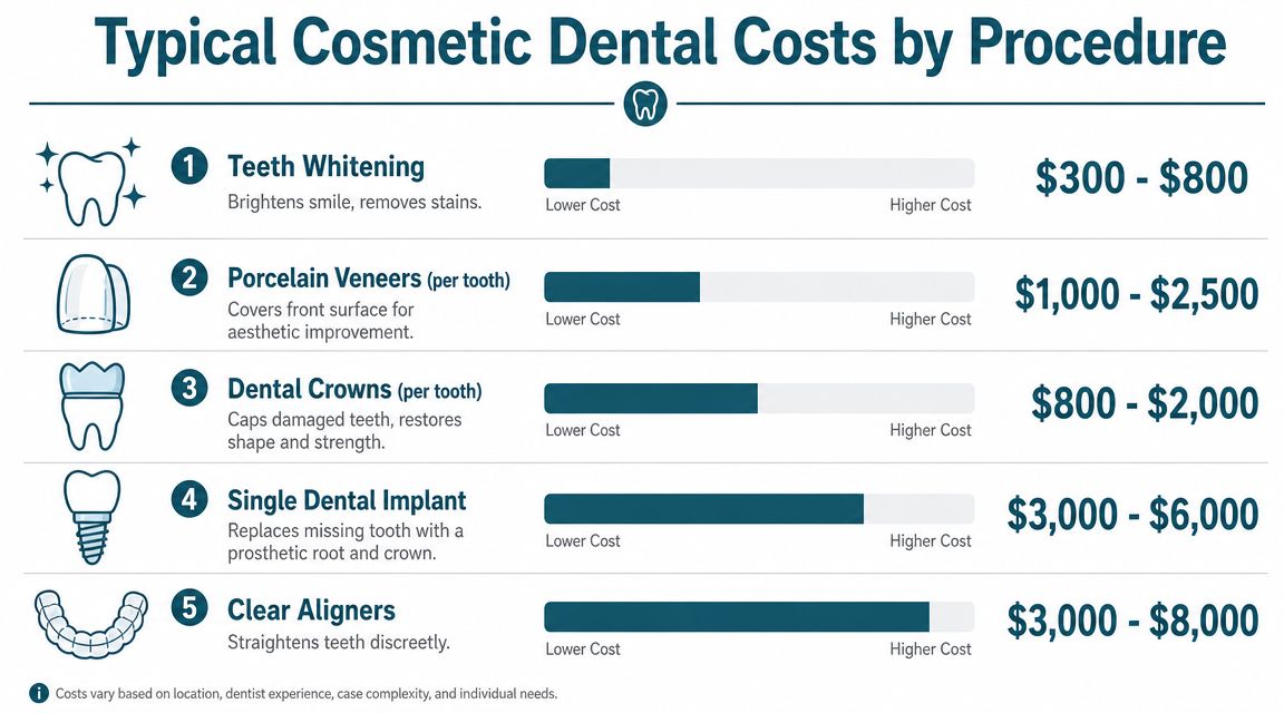 A chart illustrating typical cost ranges for various cosmetic dental procedures like whitening, veneers, crowns, and implants.