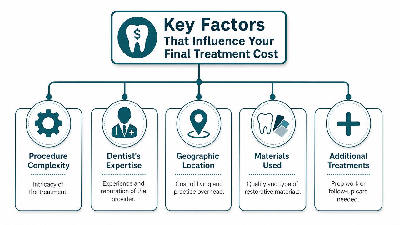 An infographic showing five key factors that influence the final cost of dental treatment procedures.