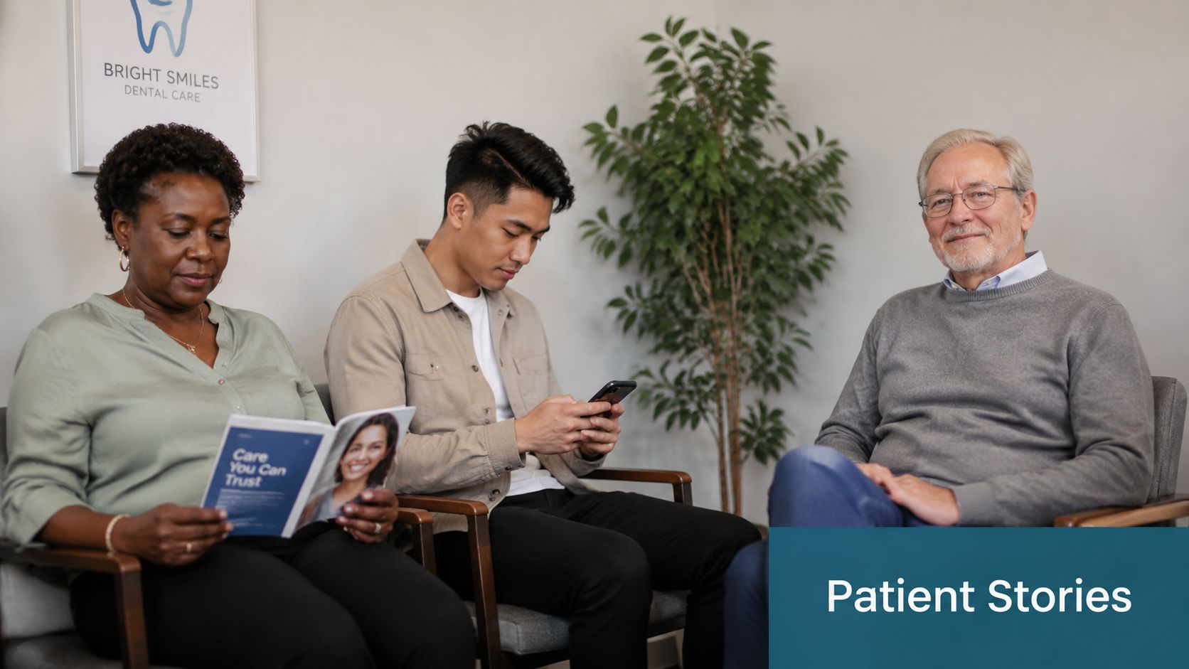 Diverse group of patients sitting in a waiting room at a Bright Smiles dental care clinic.