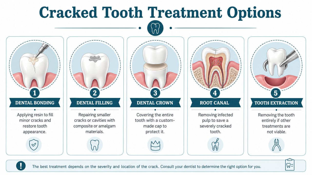 An infographic showing five common dental treatment options for a cracked tooth, from bonding to extraction.