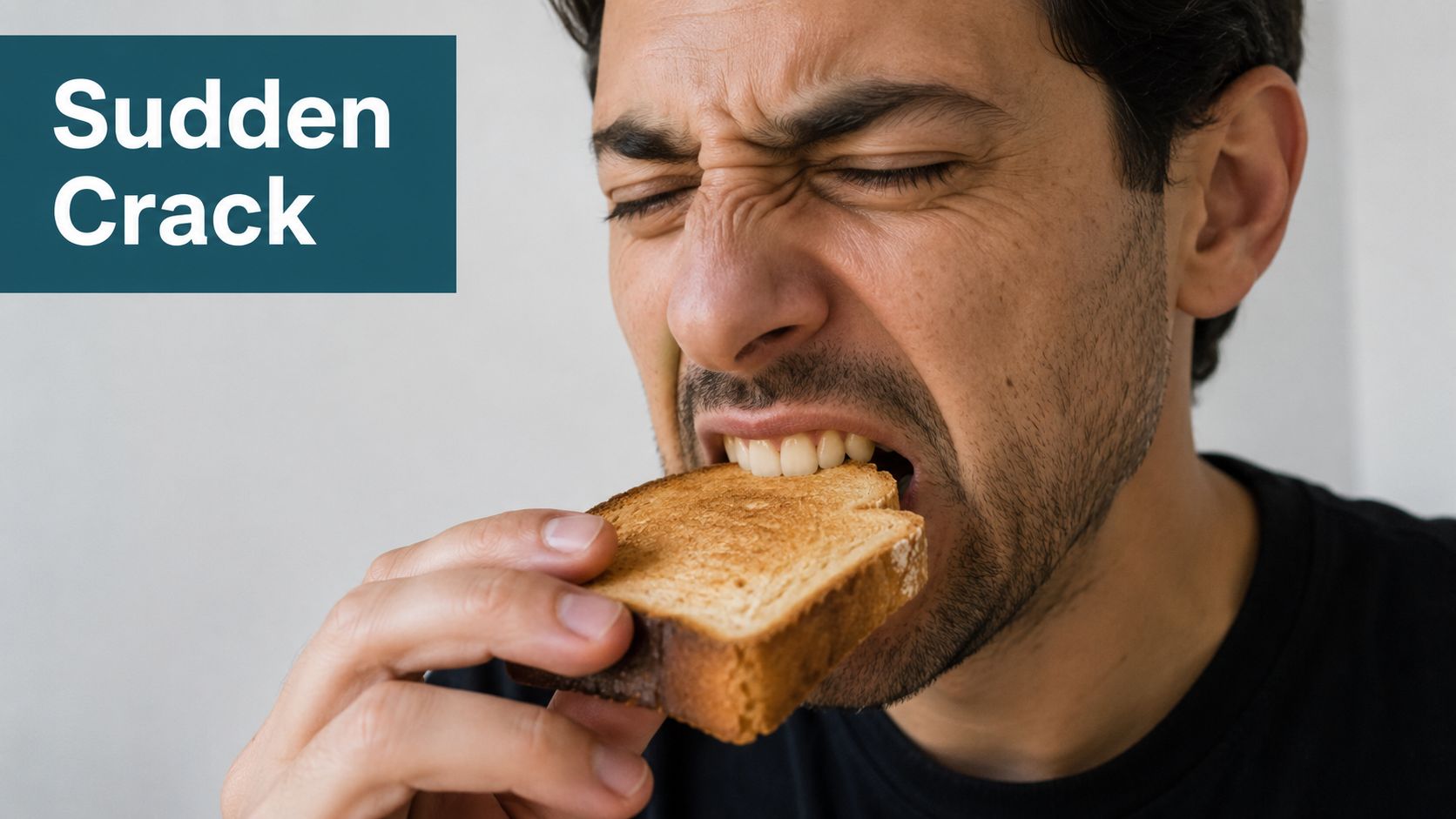 A man grimacing in pain while biting into a piece of crispy toast, indicating a cracked tooth.