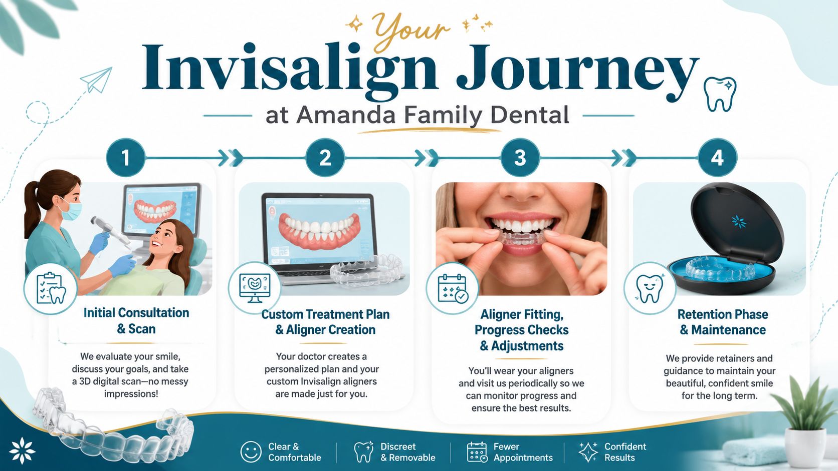An infographic showing the four steps of the Invisalign treatment journey at Amanda Family Dental clinic.