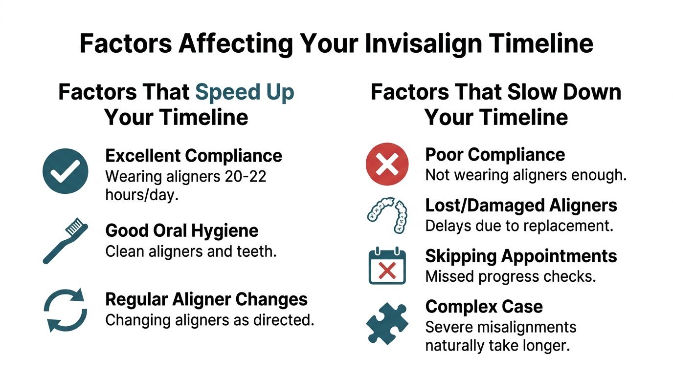 An infographic showing factors that speed up or slow down your Invisalign treatment timeline effectively.