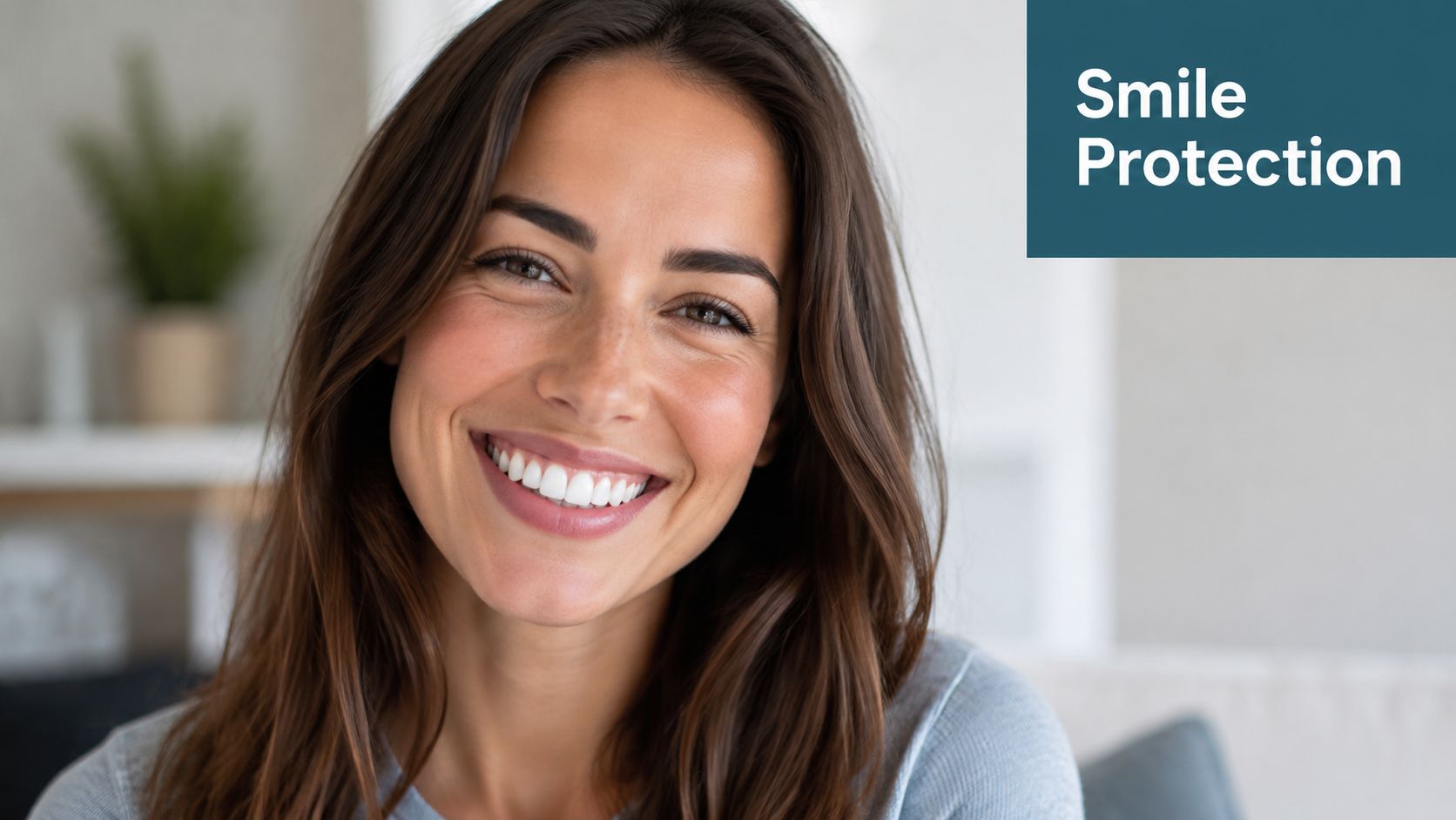 A happy woman with a beautiful, straight white smile looking at the camera indoors