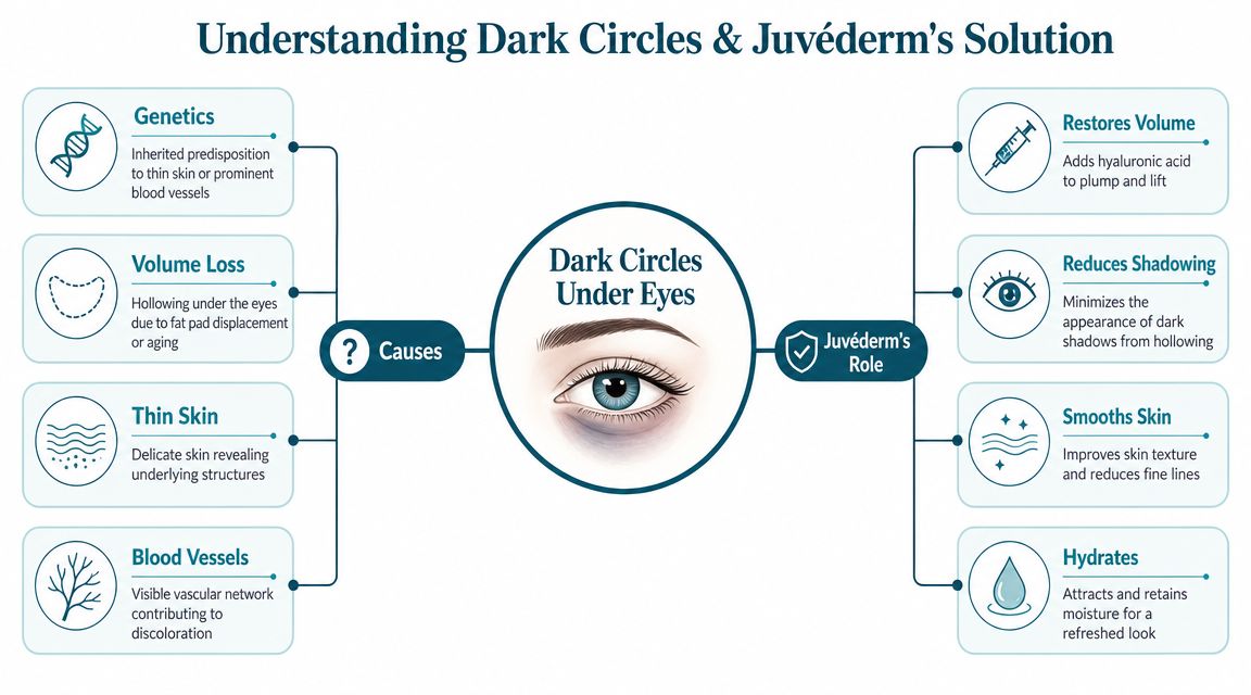An infographic explaining the causes of dark circles under eyes and the benefits of Juvederm treatment.