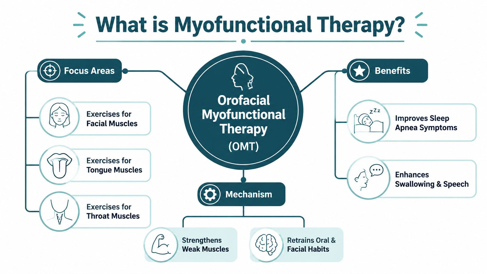 An infographic explaining orofacial myofunctional therapy, detailing its focus areas, mechanisms, and benefits for health.