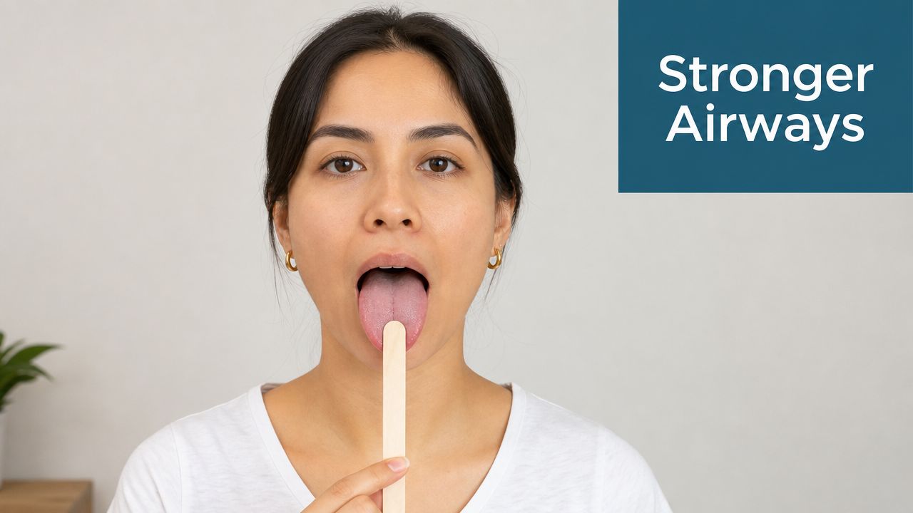 A young woman undergoing a tongue exam with a wooden depressor for myofunctional therapy airway health
