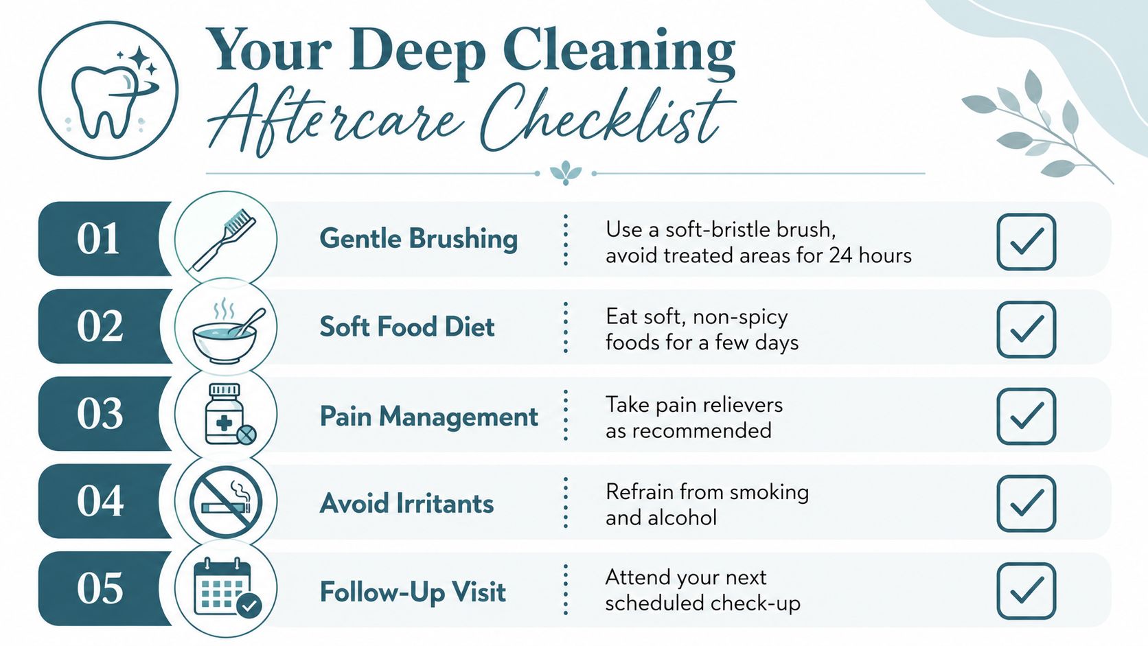 An infographic titled Your Deep Cleaning Aftercare Checklist detailing five steps for dental post-treatment recovery.
