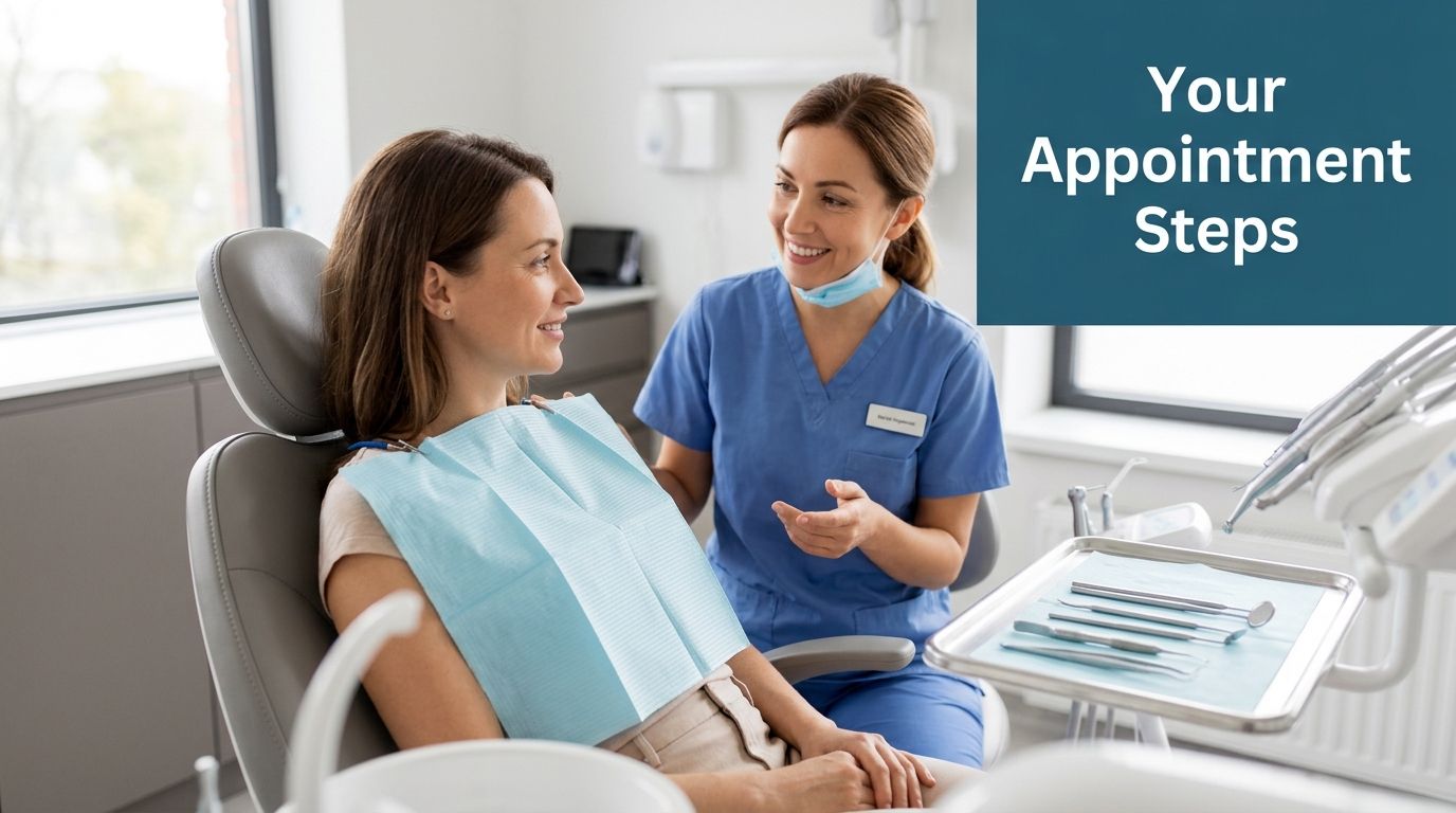 A friendly female dentist consults with a patient sitting in a dental chair during an appointment.