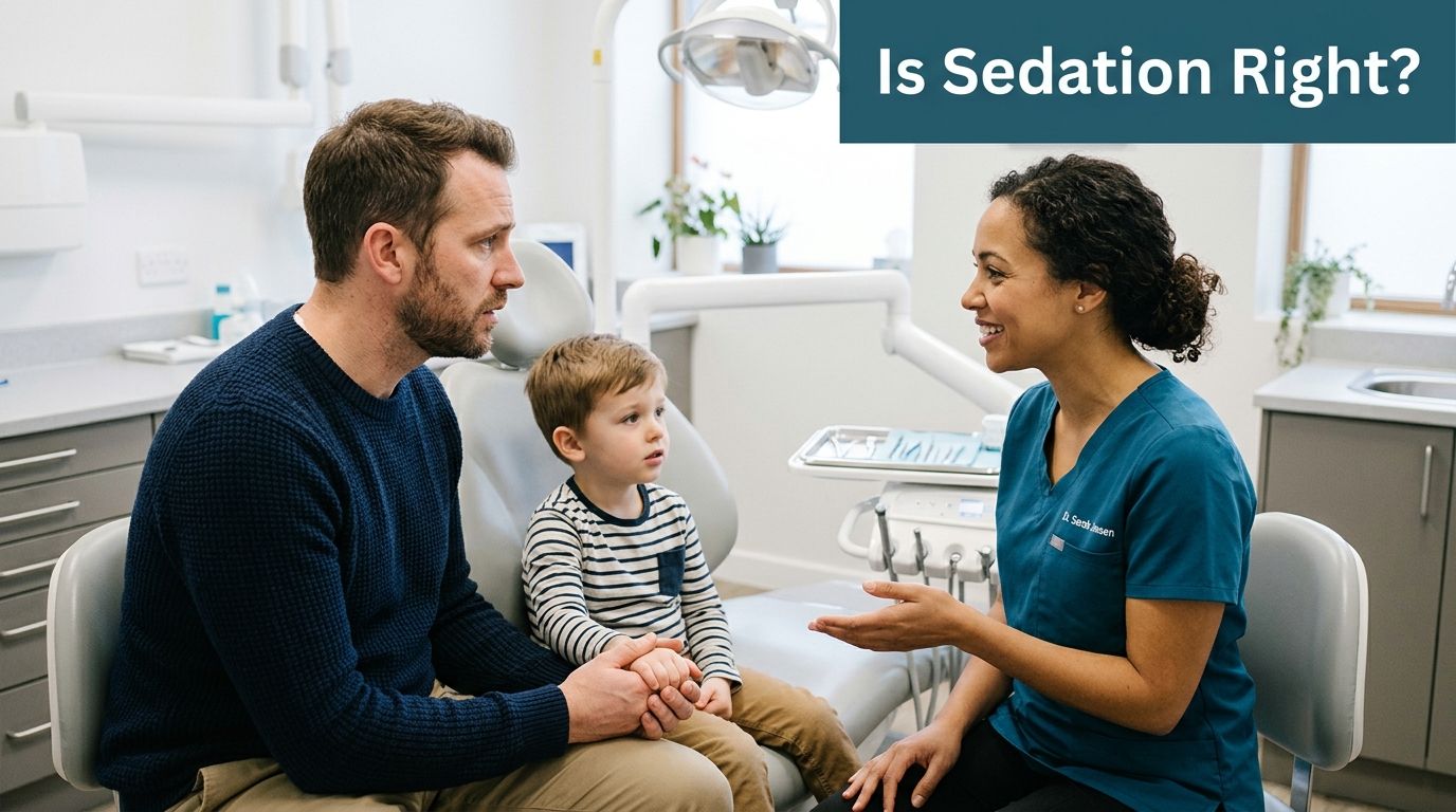 A concerned father listens as a female dentist explains sedation options to his young son in office.