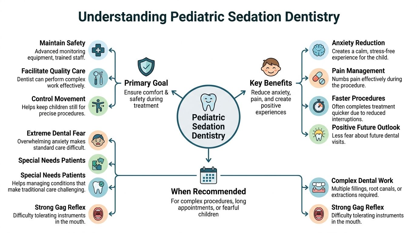 An infographic explaining the benefits, goals, and reasons for pediatric sedation dentistry for anxious children.