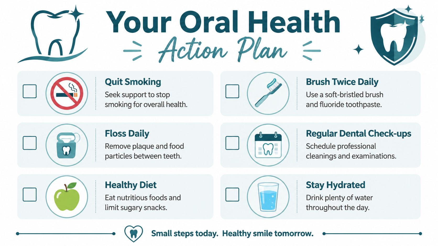 A checklist infographic titled Your Oral Health Action Plan detailing six daily habits for healthy teeth and gums.