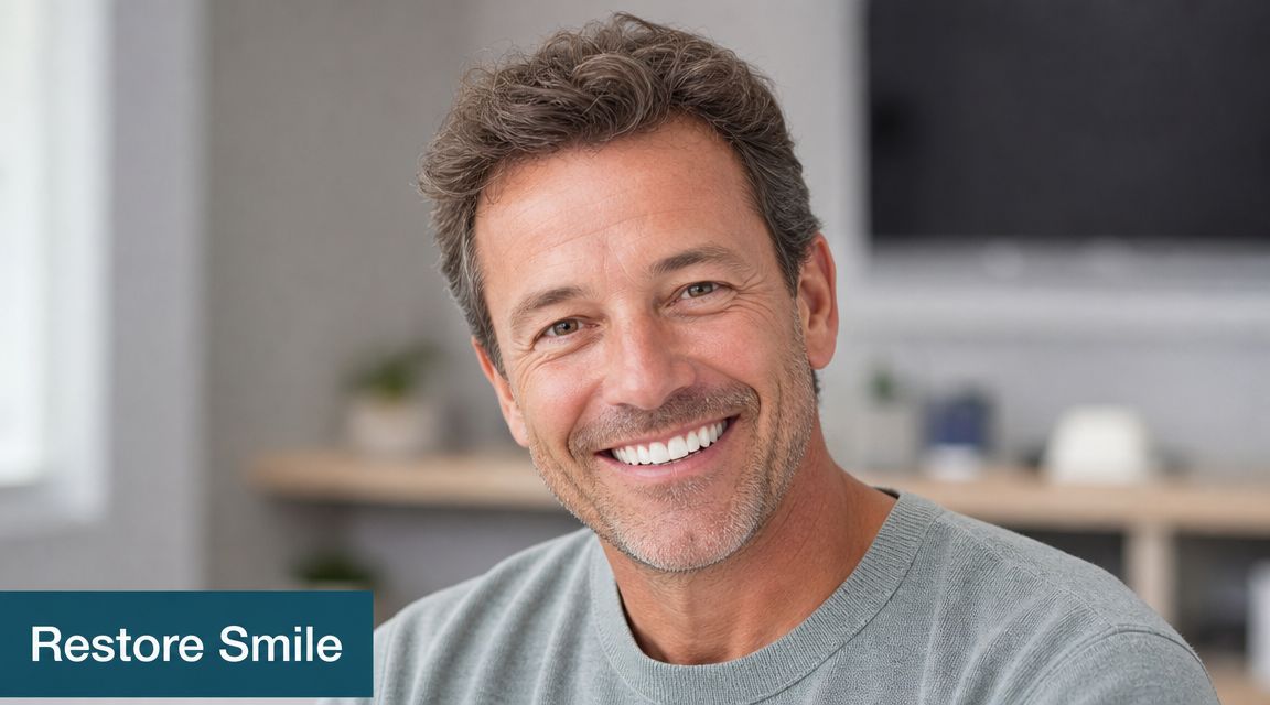 A middle-aged man smiling confidently, demonstrating healthy teeth and overall oral hygiene after professional dental care.