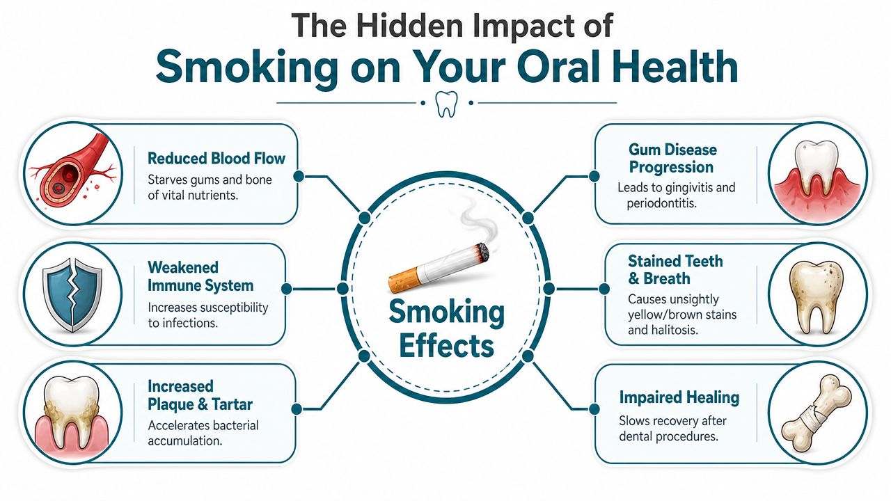 An infographic detailing the harmful impacts of smoking on oral health, including gum disease and stained teeth.