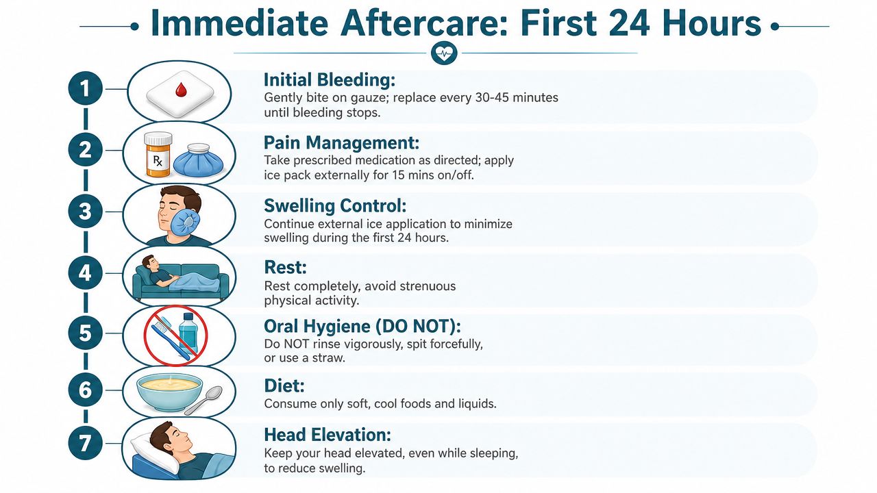 An infographic detailing seven essential aftercare steps for the first 24 hours following a tooth extraction procedure.