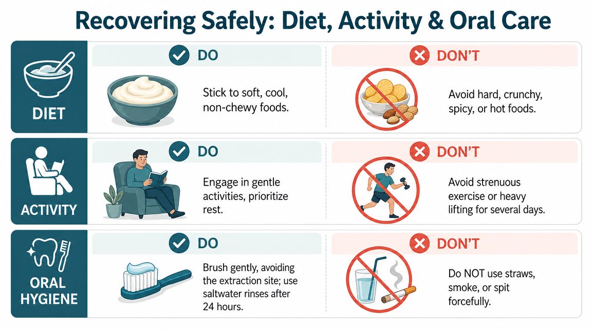 An infographic titled Recovering Safely listing do's and don'ts for diet, activity, and oral care after surgery.