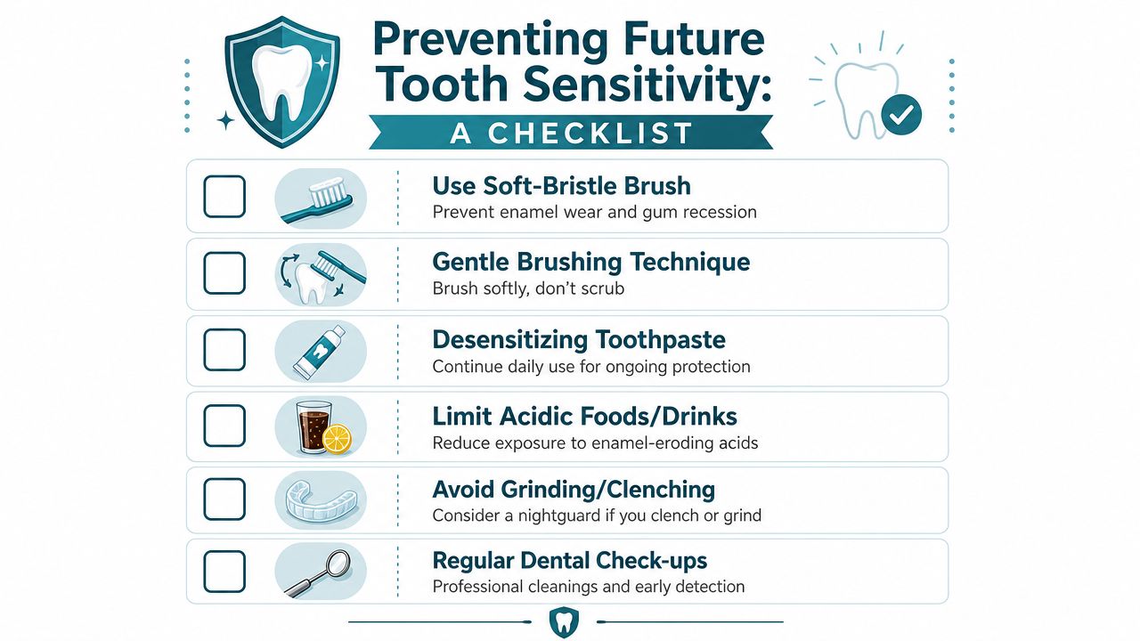 An infographic checklist for preventing tooth sensitivity featuring six tips for maintaining good dental health and protection.