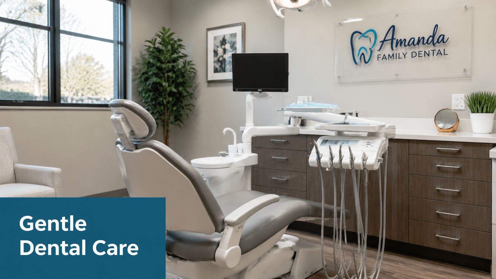 A modern and clean dental exam room at Amanda Family Dental featuring a comfortable treatment chair.