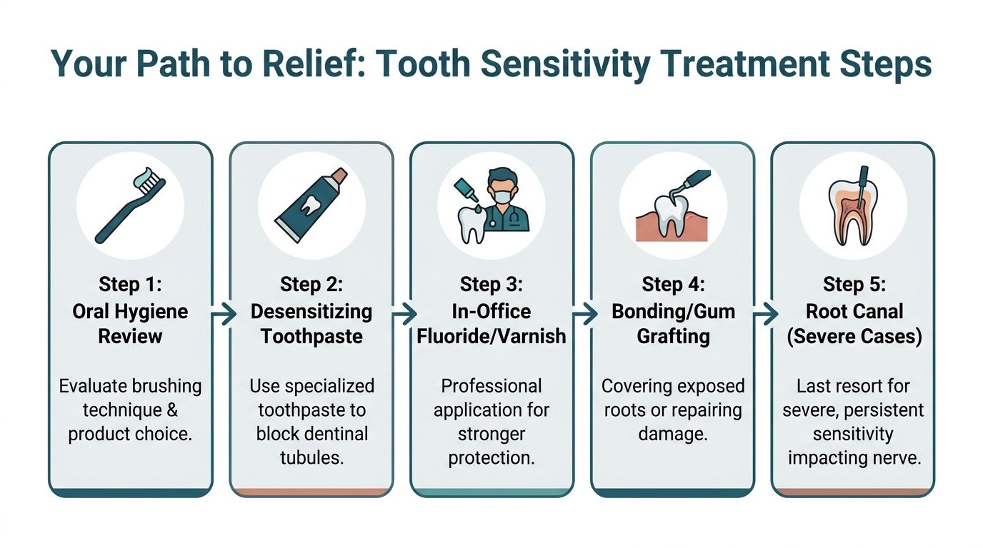 A flowchart showing five steps for treating tooth sensitivity, ranging from oral hygiene to root canals.