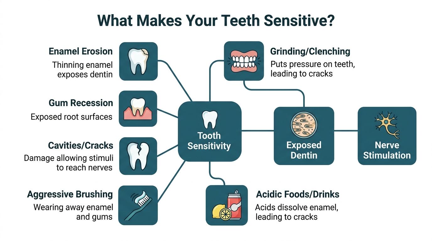 A diagram illustrating the various causes of tooth sensitivity, leading to exposed dentin and nerve stimulation.
