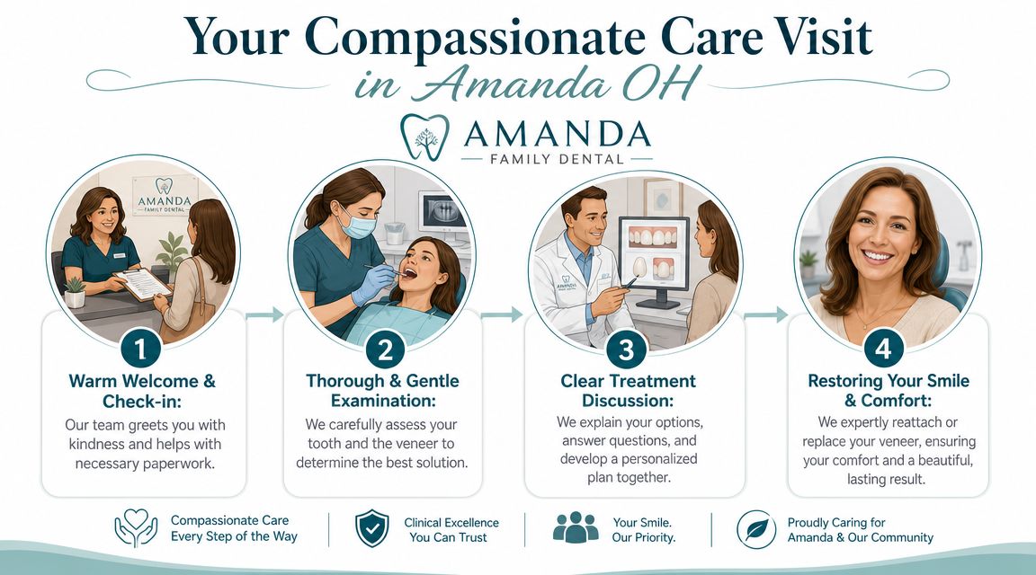 A four-step infographic illustrating the professional dental procedure for repairing a fallen veneer at Amanda Family Dental.