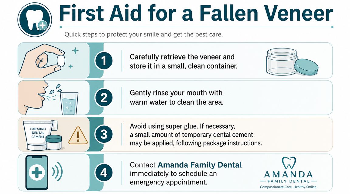 An infographic showing four simple steps to take if a dental veneer falls off your tooth.