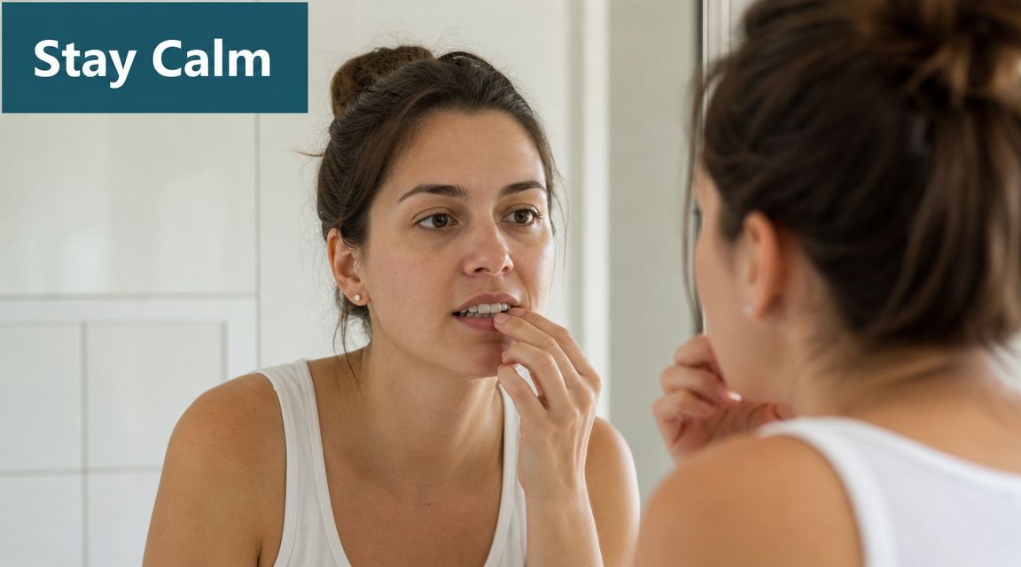 A concerned woman looking at her teeth in a mirror after noticing a veneer fell off.