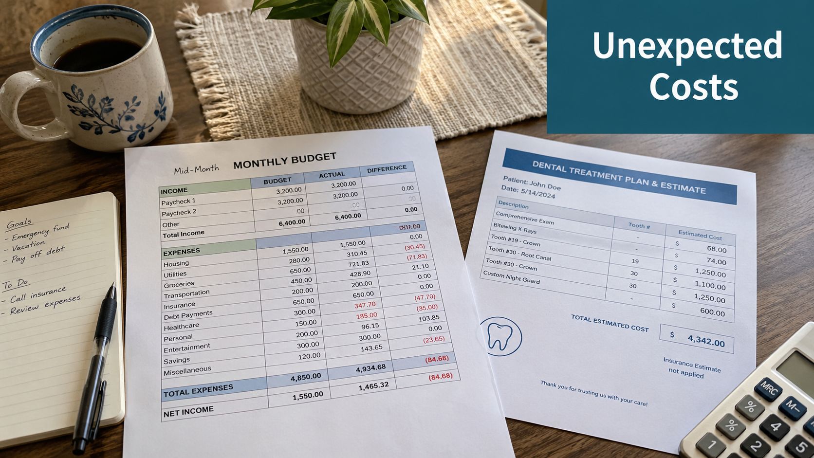 A monthly budget sheet and a dental treatment estimate displayed on a wooden desk with a coffee mug.