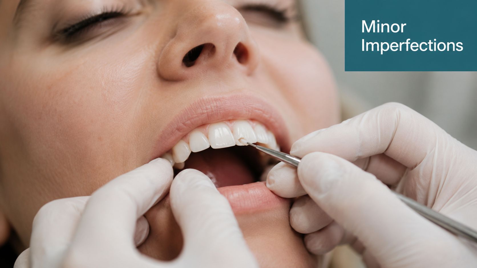 A dentist using a tool to examine the teeth of a patient for cosmetic bonding treatments.