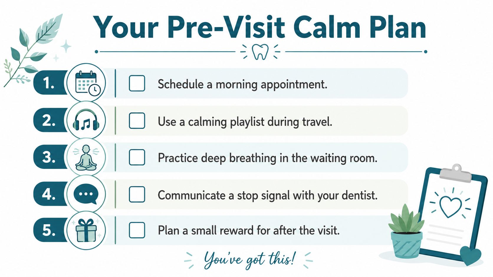 A five-step pre-visit calm plan infographic with tips for managing dental anxiety and staying relaxed.
